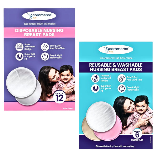 Breastfeeding Pads Combo – 6 Reusable + 12 Disposable Pads with Storage Bag (Multicolor)